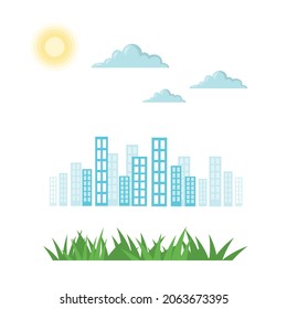 vector city silhouette illustration isolated on white background. Shining sun, puffy clouds and fresh grass isolated vector design elements. 