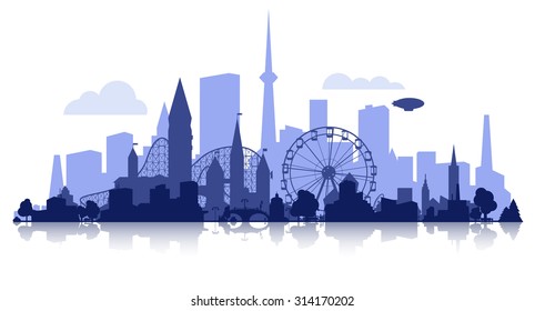 vector city silhouette with rollercoaster and zeppelin