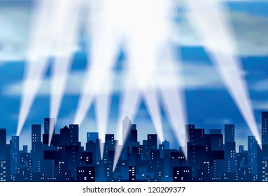 vector city silhouette with spotlights