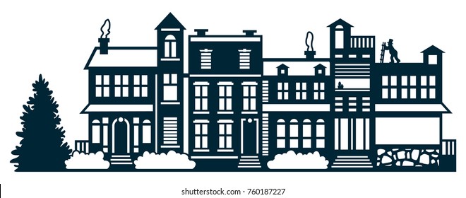 Vector city silhouette with windows. Cityscapes on a white background. Laser cutting houses. Stylized facades of buildings and Christmas tree. Wood carving  vector template. Die cut.