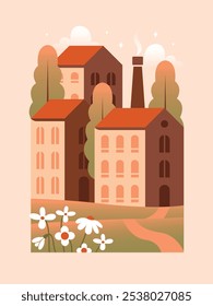 Vector city. Simple graphic illustration with cityscape, buildings, houses, infrastructure, flowers, trees, clouds. Outdoor scene. Flat Design. For design card, banner, poster. Modern style.