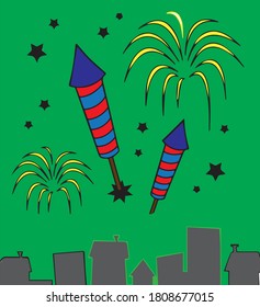 vector del horizonte de la ciudad con fuegos artificiales