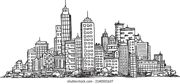 Vector city skyline, hand drawn doodles on white paper