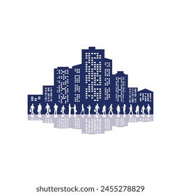 Vector city skyline with modern buildings silhouette with reflection in water and  working business people. Vector illustration. City skyline silhouette.