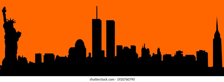 Vector city skyline silhouette - illustration, 
Town in orange background, 
New York City