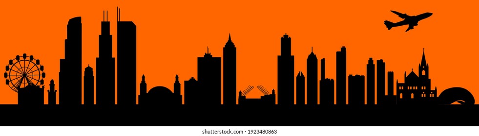 Vector city skyline silhouette - illustration, 
Town in orange background, 
Chicago Illinois