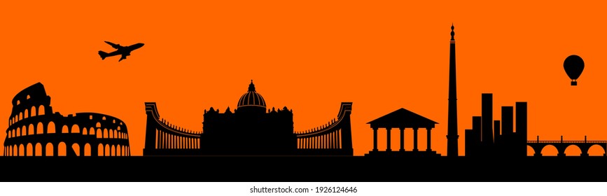 Vector city skyline silhouette - illustration, 
Town in orange background, 
Rome Italy