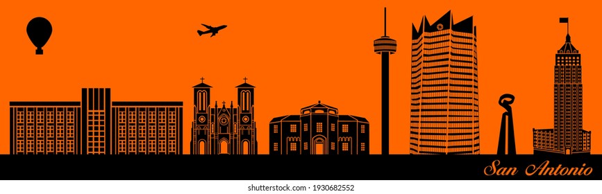 Vector city skyline silhouette - illustration, 
Town in orange background, 
San Antonio Texas