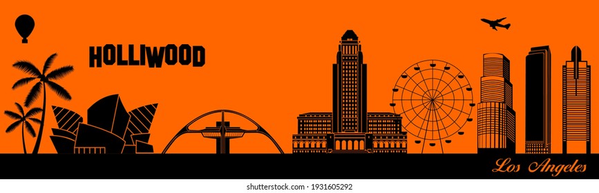 Vector city skyline silhouette - illustration, 
Town in orange background, 
Los Angeles California