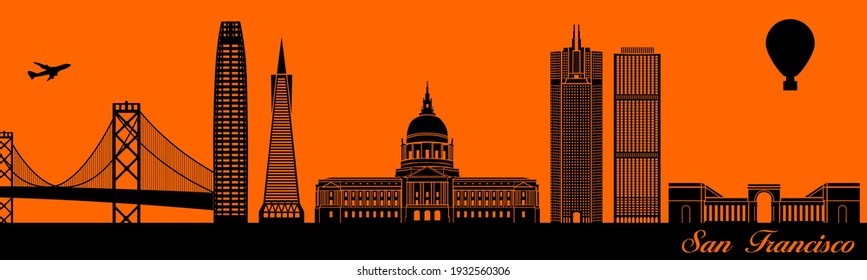 Vector city skyline silhouette - illustration, 
Town in orange background, 
San Francisco California