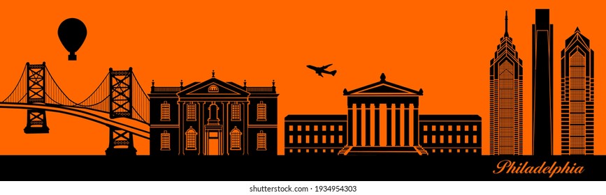 Vector city skyline silhouette - illustration, 
Town in orange background, 
Philadelphia Pennsylvania