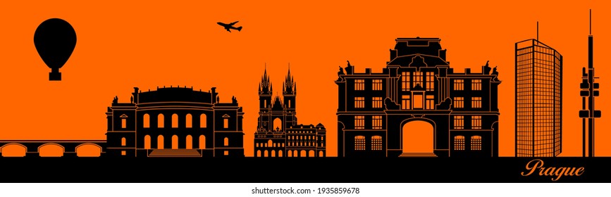 Vector city skyline silhouette - illustration, 
Town in orange background, 
Prague Czech Republic