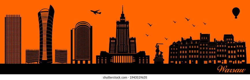 Vector city skyline silhouette - illustration, 
Town in orange background, 
Warsaw Poland