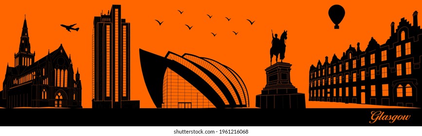 Vector city skyline silhouette - illustration, 
Town in orange background, 
Glasgow Scotland