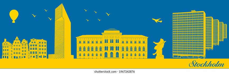 Vector city skyline silhouette - illustration, 
Town in blue background, 
Stockholm Sweden