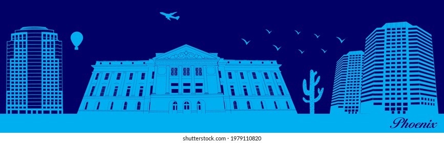 Vector city skyline silhouette - illustration, 
Town in blue background, 
Phoenix Arizona
