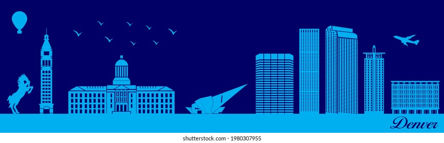 Vector city skyline silhouette - illustration, 
Town in orange background, 
Denver Colorado