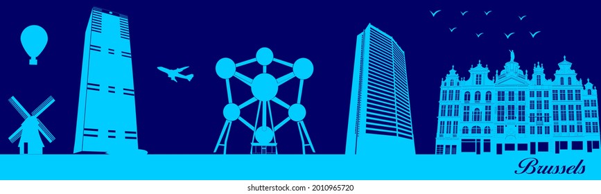 Vector city skyline silhouette - illustration, 
Town in blue background, 
Brussels Belgium