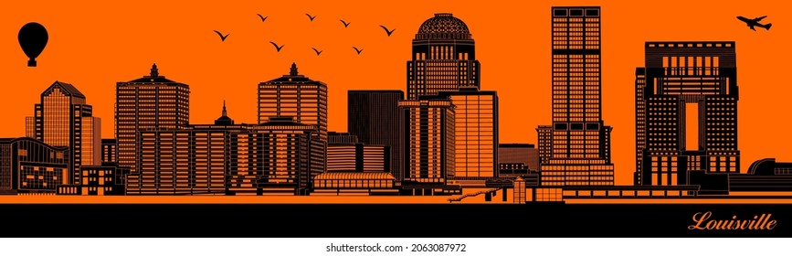 Vector city skyline silhouette - illustration, 
Town in orange background, Louisville Kentucky