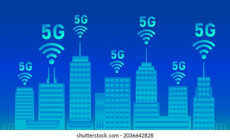 Vector city skyline tall tower with 5G text illustration
