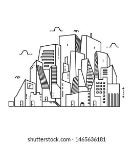 Vector of city skyline. Thin line City landscape. Downtown landscape with high skyscrapers. Panorama architecture City landscape template. Goverment buildings Isolated outline illustration