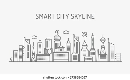 Vector city skyline with thin line houses and skyscrapers isolated on white. Smart city concept