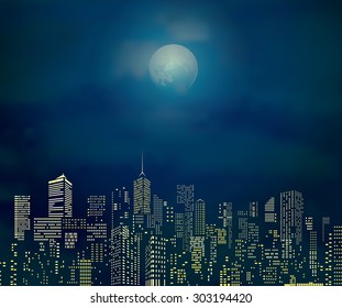 Vector City Skylines With Cloudy Moonlight