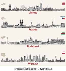 vector city skylines of Vienna, Prague, Budapest and Warsaw. Maps and flags of Austria, Czech Republic, Budapest and Poland.