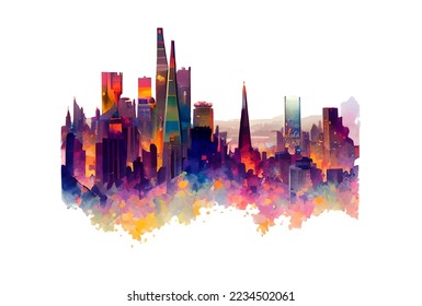 Vector city with skyscrapers skyline illustration in watercolors isolated on light background