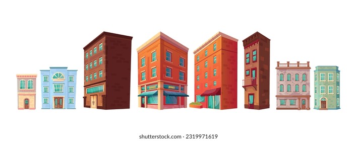 Vector city street building house cartoon icon set. 2d urban retro shop, apartment and store window exterior clipart. Vintage cityscape architecture element side view. Commerce game collection