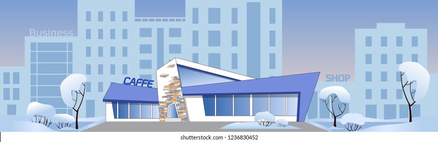 Vector city street caffe. Modern architecture style restaurant. Common town buildings, shop and busines center on background. Glass and concrete architecture with bricks. Clear winter day.