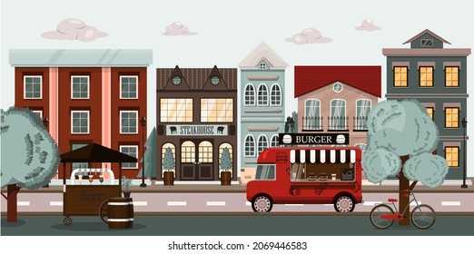 Vector city street con restaurante steakhouse, food truck con hamburguesas y carrito de cerveza. Ilustración de dibujos animados con una carretera y un parque El fondo está en un estilo plano. Ciudad europea en verano