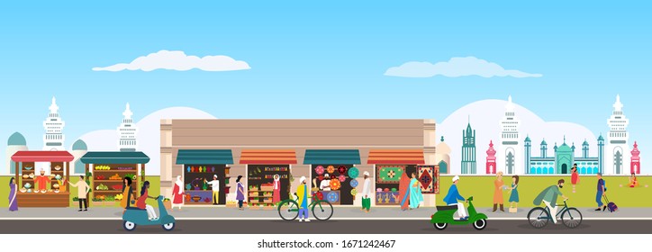Vector of a city, street, traditional buildings and landmarks in India. Travel and tourism concept