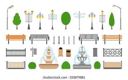 Conjunto de iconos de elementos urbanos de la ciudad vectorial. Parques, callejones y aceras decorativos.