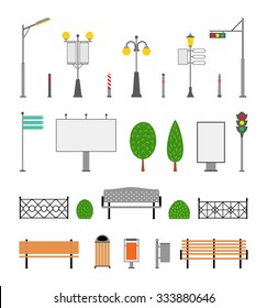 Conjunto de iconos de elementos urbanos de la ciudad vectorial. Parques, callejones y aceras decorativos.