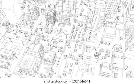 Vector City Streets Intersection Outline. Buildings And Road Traffic Top View. Gray Lines Outline Contour Style Background. Town High Detailed.