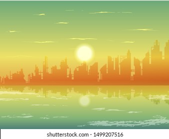 vector city at the sunrise background, cityscape with reflection on the water