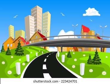 Vector city surrounded by nature landscape with bridge