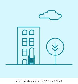Vector city thin line office building with tree and cloud. Town business real estate apartment concept icon design. Isolated architecture construction house illustration.