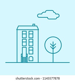 Vector city thin line office building with tree and cloud. Town business real estate apartment concept icon design. Isolated architecture construction house illustration.