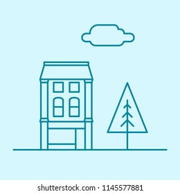 Vector city thin line office building with tree and cloud. Town business real estate apartment concept icon design. Isolated architecture construction house illustration.