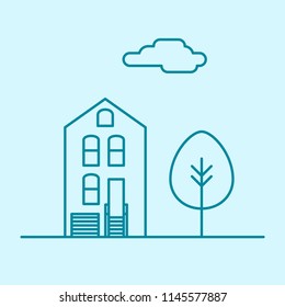 Vector city thin line office building with tree and cloud. Town business real estate apartment concept icon design. Isolated architecture construction house illustration.