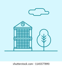 Vector city thin line office building with tree and cloud. Town business real estate apartment concept icon design. Isolated architecture construction house illustration.