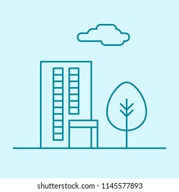 Vector city thin line office building with tree and cloud. Town business real estate apartment concept icon design. Isolated architecture construction house illustration.
