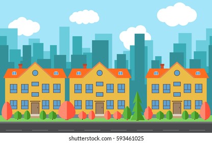 Vector city with three cartoon buildings. Summer urban landscape. Street view with road and cityscape on a background