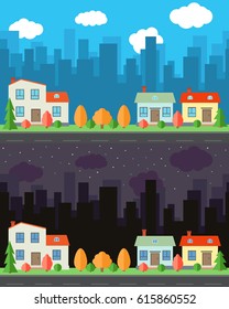 Vector city with three cartoon houses and buildings in the day and night.Summer urban landscape. Street view with cityscape on a background
