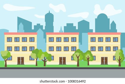 Vector city with three three-story cartoon houses and green trees in the sunny day. Summer urban landscape. Street view with cityscape on a background