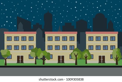 Vector city with three three-story cartoon houses and green trees at night. Summer urban landscape. Street view with cityscape on a background