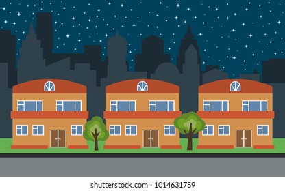 Vector city with three two-story cartoon houses and green trees at night. Summer urban landscape. Street view with cityscape on a background