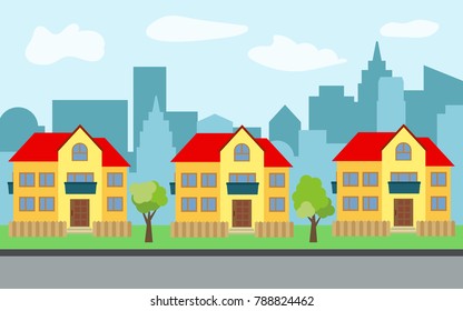 Vector city with three two-story cartoon houses and green trees in the sunny day. Summer urban landscape. Street view with cityscape on a background
